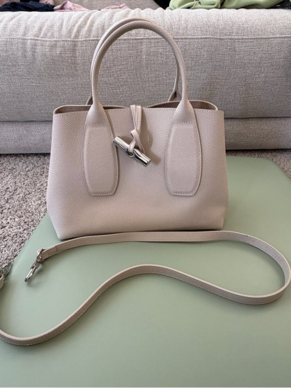 Longchamp Roseau Textured Cream Satchel with Silver Hardware - Picture 1 of 9